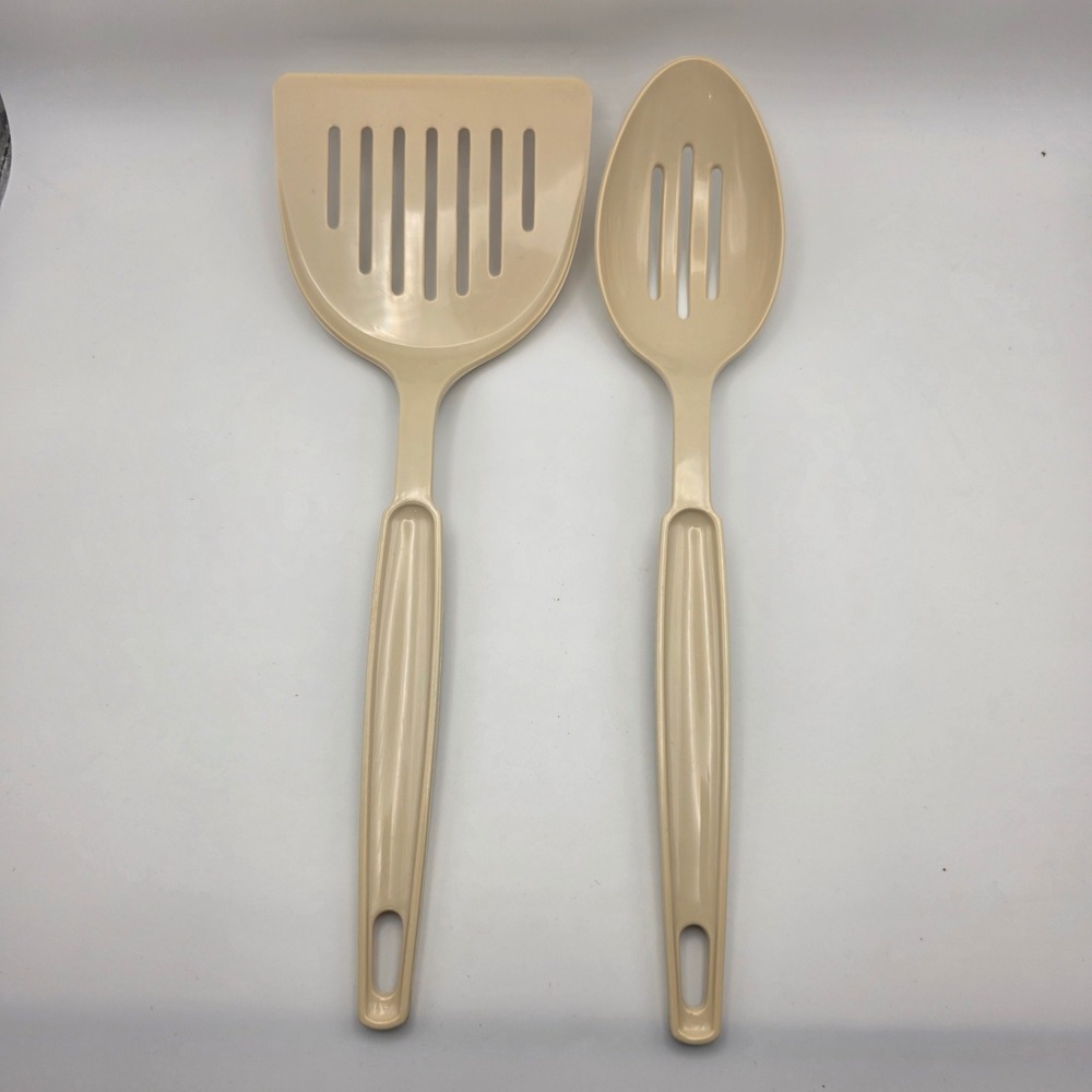 Vintage EKCO Almond Beige Slotted Spatula and Spoon Set USA Made Dishwasher Safe